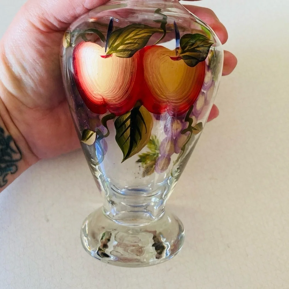Vintage hand painted apples and grapes glass vase.